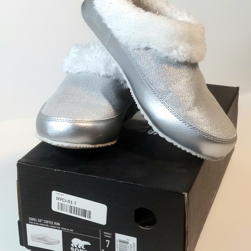 Women's Sorel Silver Glitter Faux-Fur Lined Slippers